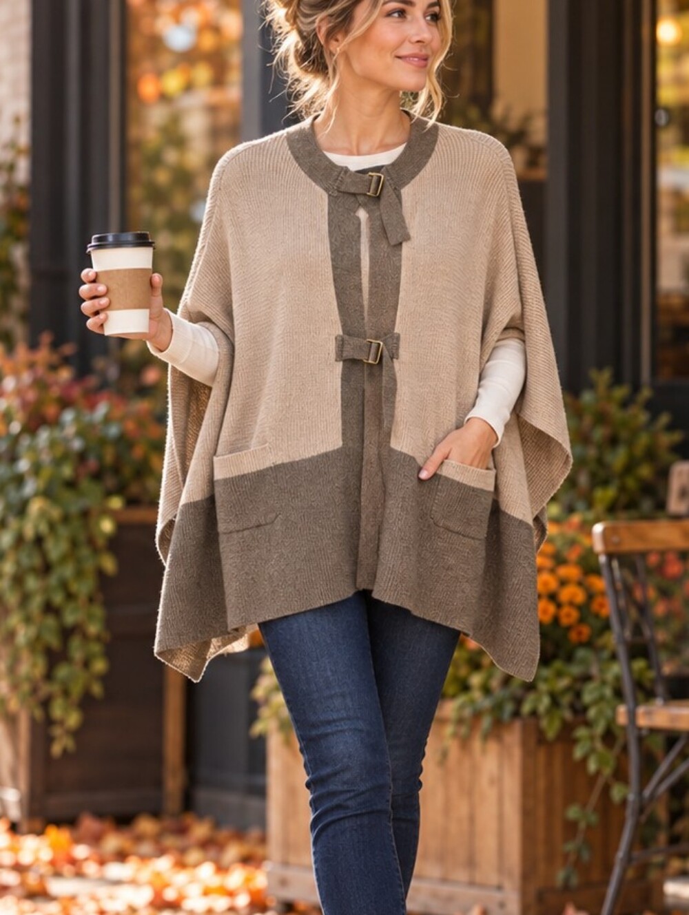 Ash Rain + Oak Neutral Colorblock Oversized Sweater Poncho Angora Blend XS/S